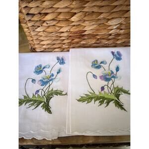 4 Embroidery Blue Flower Hand Towels